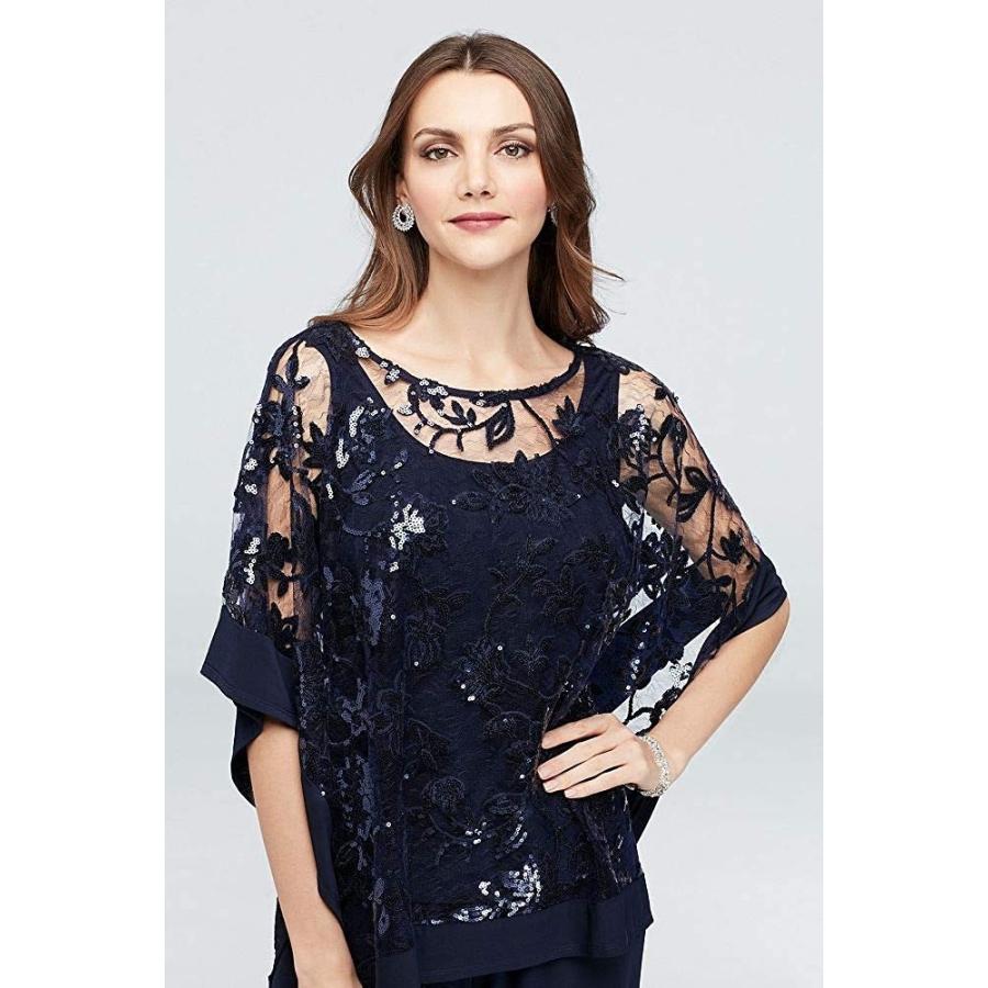 Sequin Lace Pantsuit with Sheer Poncho Style 2288, Navy, 18