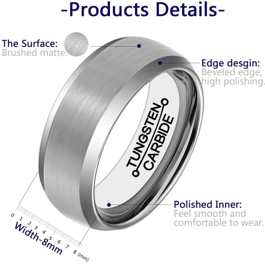 HSG Men Rings Tungsten Carbide 8mm Wedding Band Brushed Center Comfort