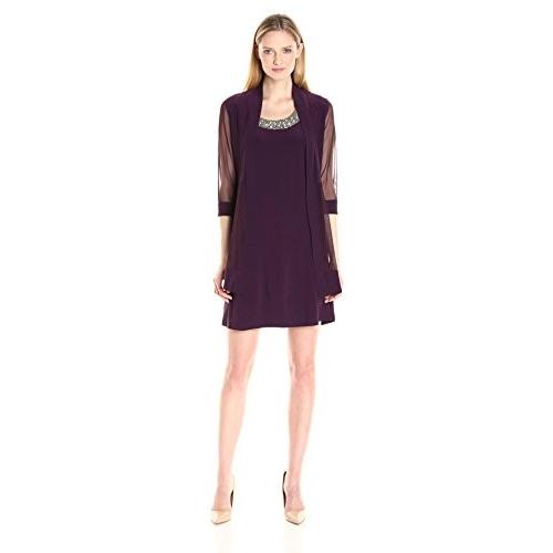 R&M Richards Women's 2 Piece Mesh Panel Beaded Neck Jacket Dress, Plum
