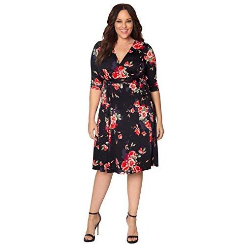 Kiyonna Women's Plus Size Essential Wrap Dress,Scarlet Bloom,3X Plus