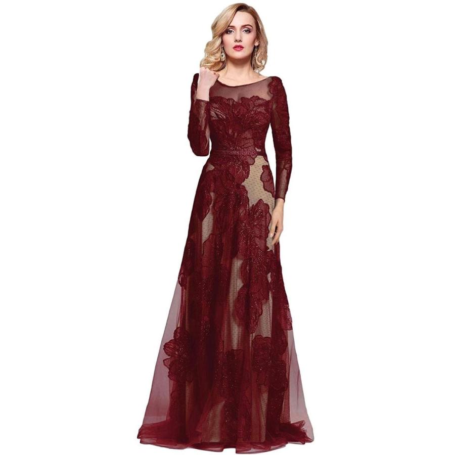 Meier Women's Long Sleeve Illusion Back Embroidery Lace Evening Dress