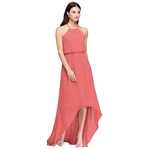 High-Low Chiffon Halter Bridesmaid Dress Style F19740, Coral Reef, 14