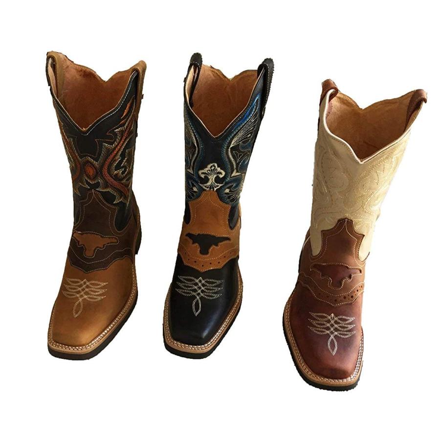 Men's Genuine Cow Hide Leather Cowboy Boots Square Toe Boots Tan/Brown