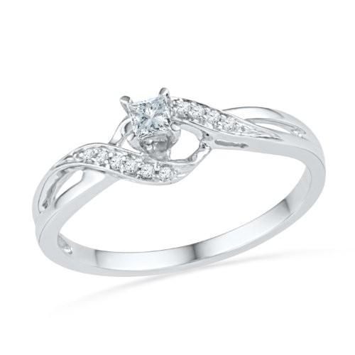 10KT White Gold Princess and Round Diamond Promise Ring (0.13 CTTW)