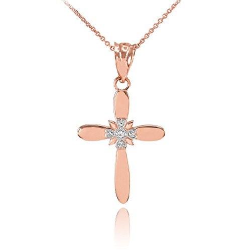 Fine 14k Rose Gold Solitaire Diamond Flower Cross Pendant Necklace (1