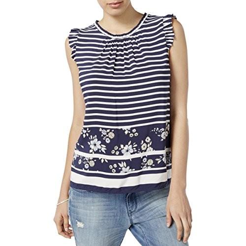 Maison Jules Womens Striped Floral Print Blouse Navy M