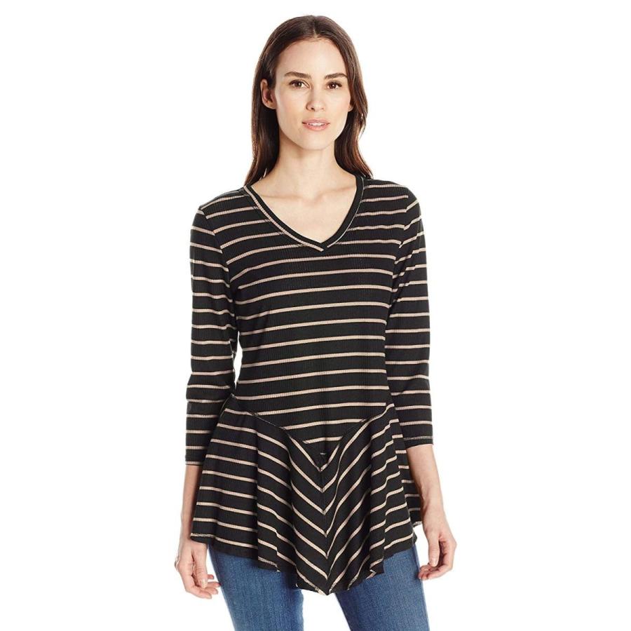 Notations Women's Stripe 3/4 Sleeve V Neck Asymmetical Flounce Top, Bl