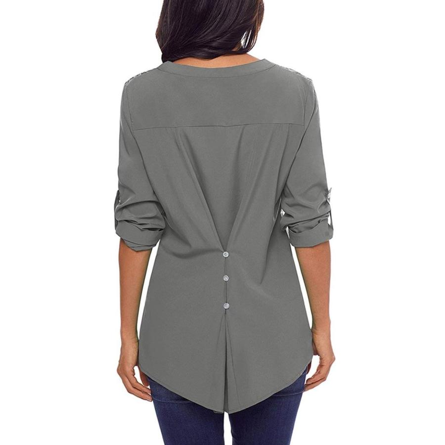 Womens Casual Long Sleeve Solid Cuffed Button Floral Lace Chiffon Blou