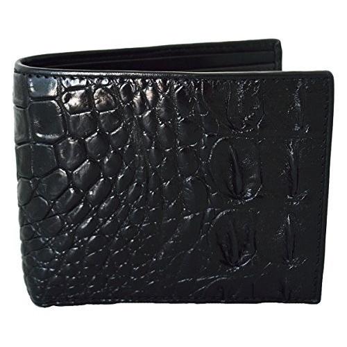 本物のMクロコダイルスキンメンズ二つ折りバックボーンレザーブラック財布
