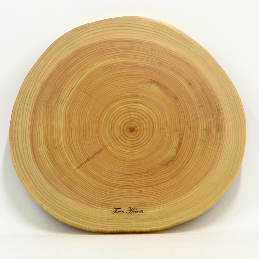 希少【縁起物】天然年輪 一枚板 ツインハーツ【桧】年輪 天然一枚板 まな板、料理プレート (直径 30cm