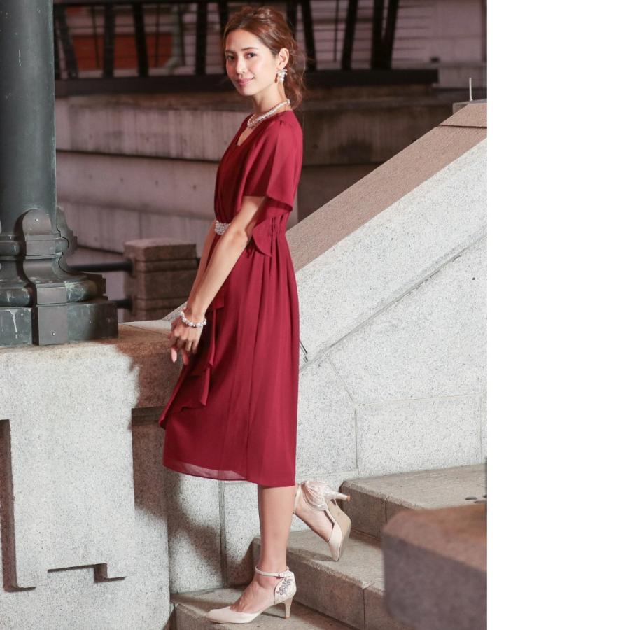 バーガンディ フレアスリーブ タイトドレス M