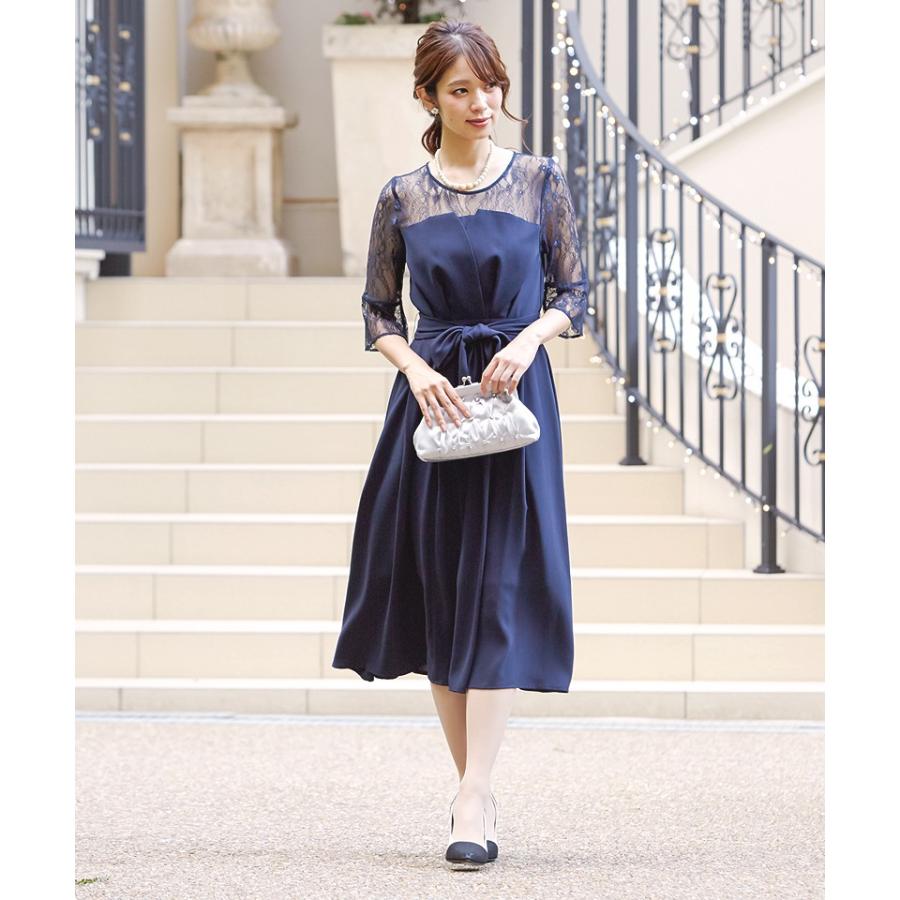 パーティードレス 結婚式 ワンピース 袖あり レース ミモレ丈 ドレス