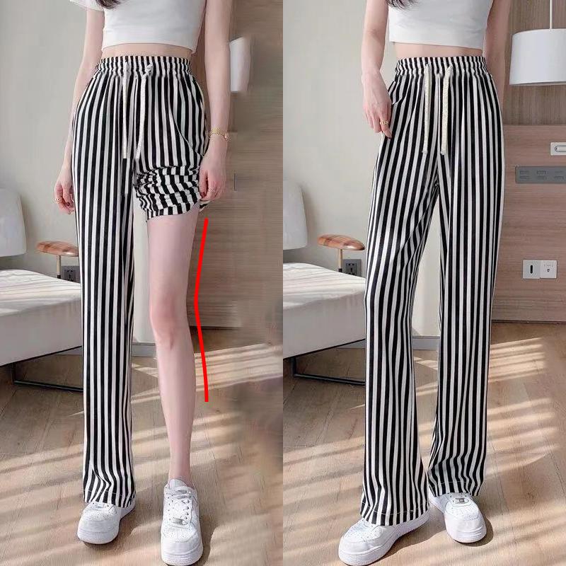 レディースパンツスーツ ストレート 接触冷感 夏用 通気性 ワイドパンツ ロングパンツ ストライプ ブラック×ホワイト 速乾 体型カバー リラックス シンプル | 