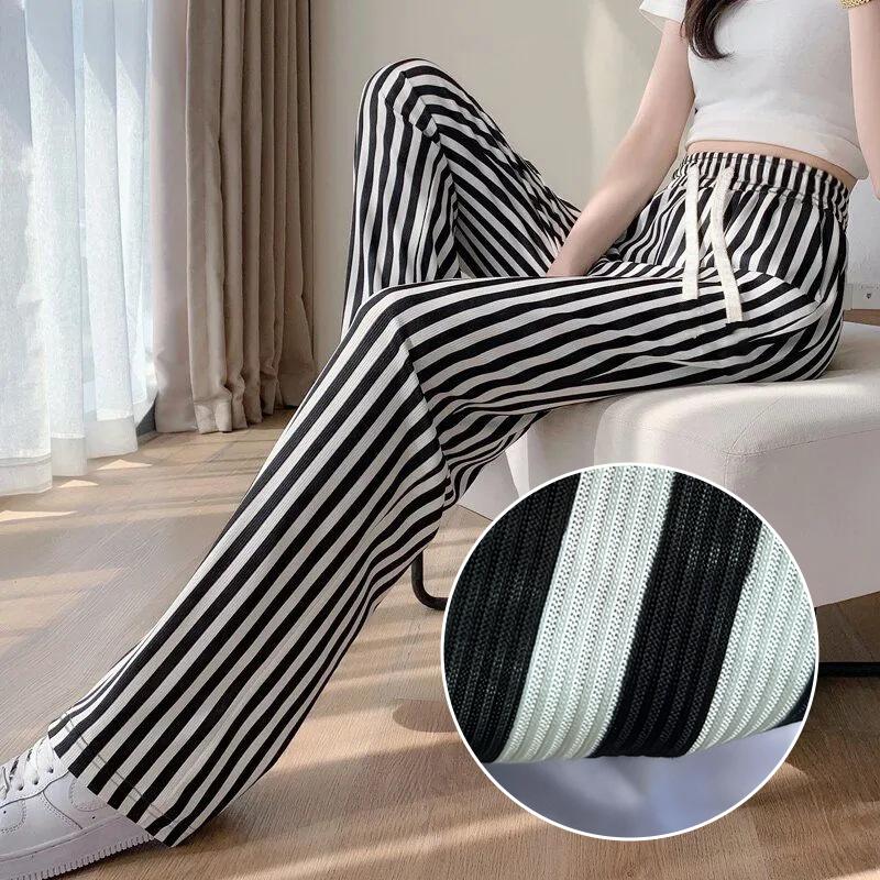 レディースパンツスーツ ストレート 接触冷感 夏用 通気性 ワイドパンツ ロングパンツ ストライプ ブラック×ホワイト 速乾 体型カバー リラックス シンプル |  | 03