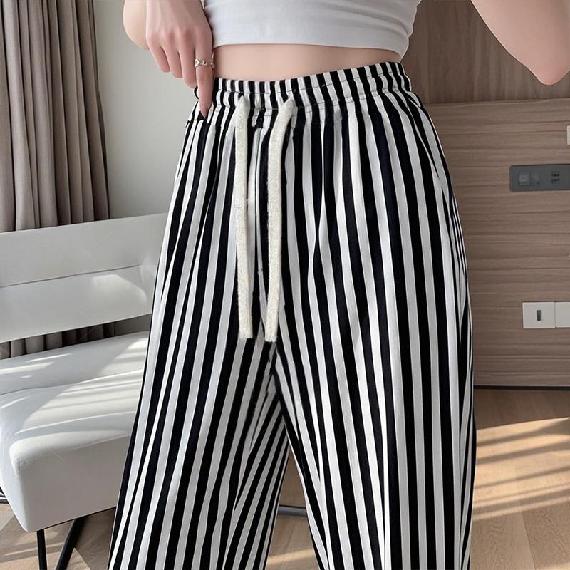 レディースパンツスーツ ストレート 接触冷感 夏用 通気性 ワイドパンツ ロングパンツ ストライプ ブラック×ホワイト 速乾 体型カバー リラックス シンプル |  | 04