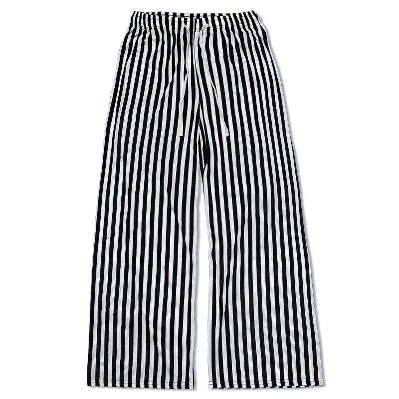 レディースパンツスーツ ストレート 接触冷感 夏用 通気性 ワイドパンツ ロングパンツ ストライプ ブラック×ホワイト 速乾 体型カバー リラックス シンプル |  | 01