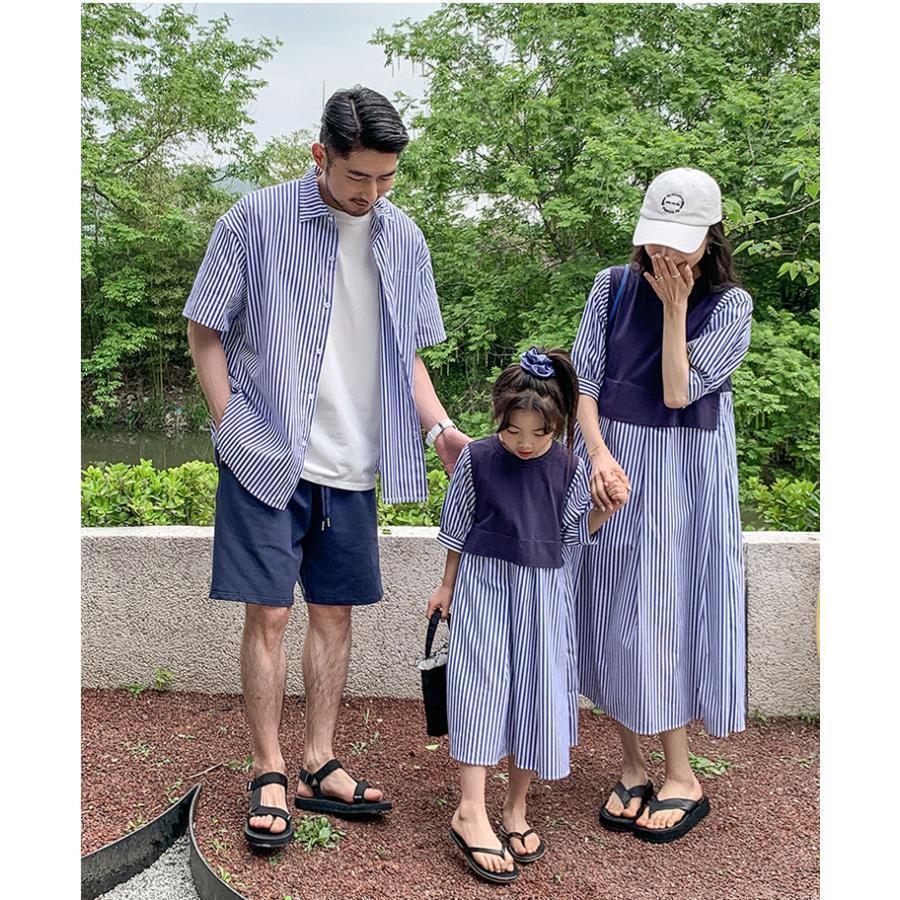 親子ペア ワンピース シャツ 縞柄 ネイビー ハーフパンツ リンクコーデ