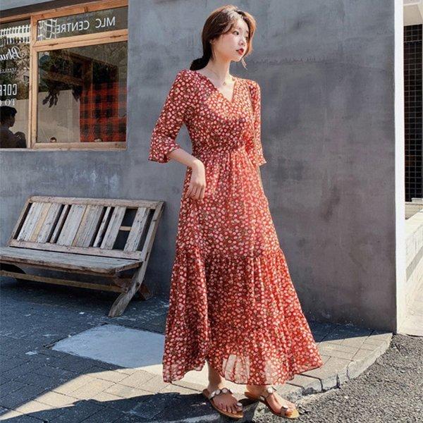 海外限定 オシャレ マキシワンピース 春夏 きれいめ 40代 レディース 秋物 ワンピース Vネック 大人 お出かけ 結婚式 通勤 ロング 春 ワンピース 花柄 シフォン ワンピース サイズ S Www We Job Com