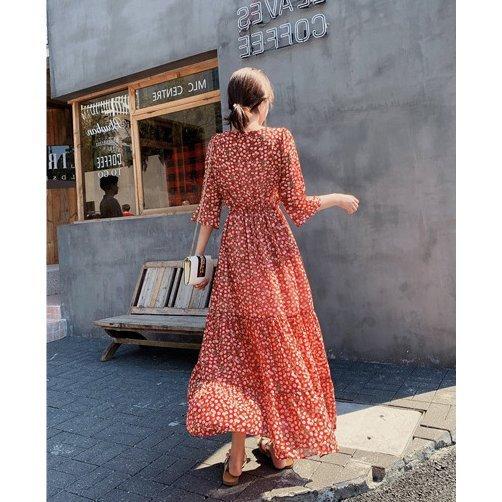 海外限定 オシャレ マキシワンピース 春夏 きれいめ 40代 レディース 秋物 ワンピース Vネック 大人 お出かけ 結婚式 通勤 ロング 春 ワンピース 花柄 シフォン ワンピース サイズ S Www We Job Com