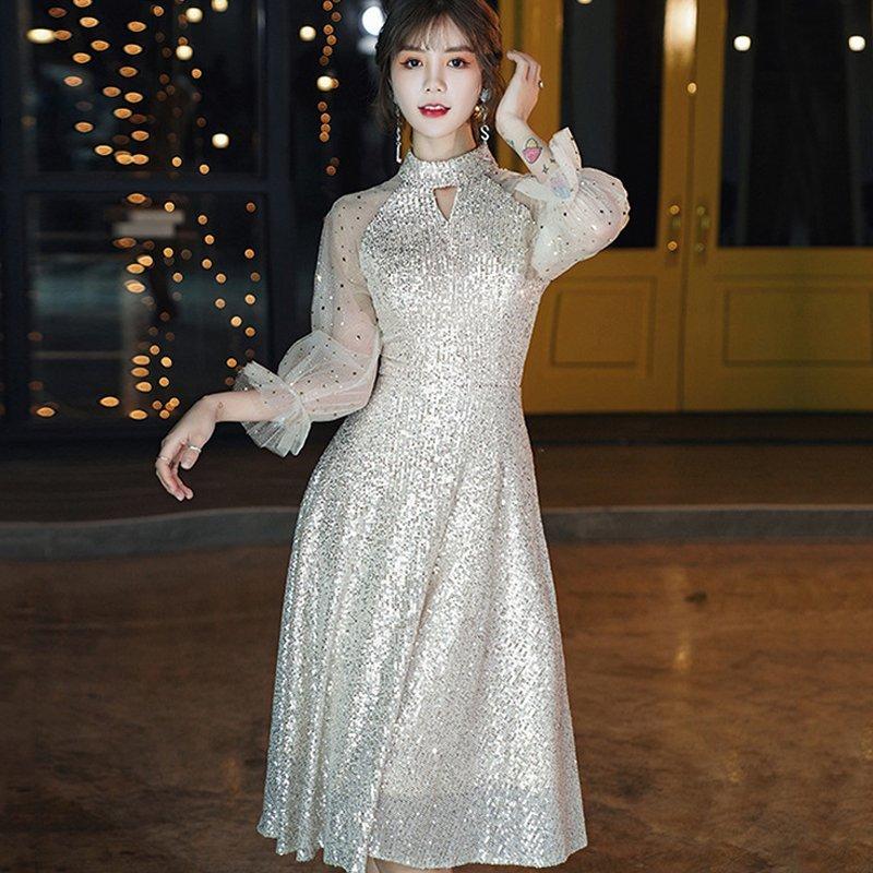 新到着 パーティードレス 長袖 スパンコール レディース ワンピース パフスリーブ レディース ファッション 上品 大人 可愛い きれいめ パーティドレス サイズ Xl Hqpt Com