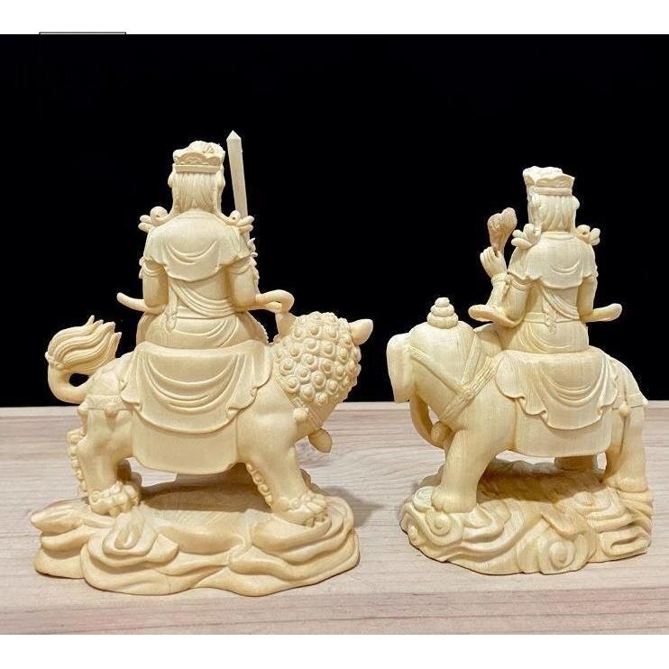 珍品 天然木 木彫仏像 文殊菩薩 普賢菩薩 座像 檜木 一式 彫刻_1