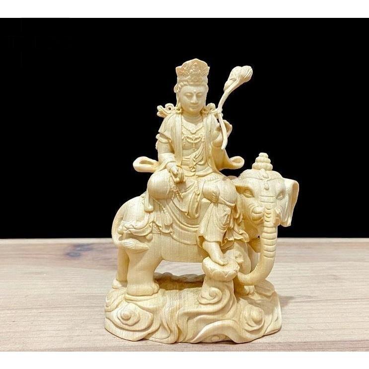 珍品 天然木 木彫仏像 文殊菩薩 普賢菩薩 座像 檜木 一式 彫刻_2