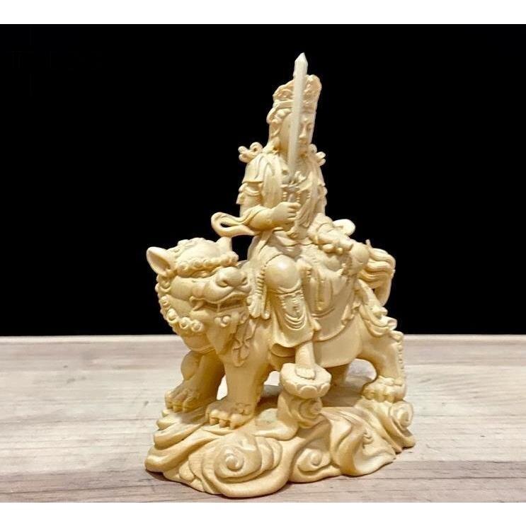 珍品 天然木 木彫仏像 文殊菩薩 普賢菩薩 座像 檜木 一式 彫刻_3