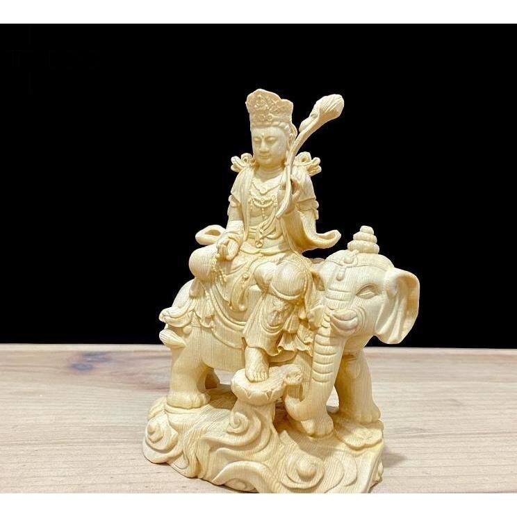珍品 天然木 木彫仏像 文殊菩薩 普賢菩薩 座像 檜木 一式 彫刻_4