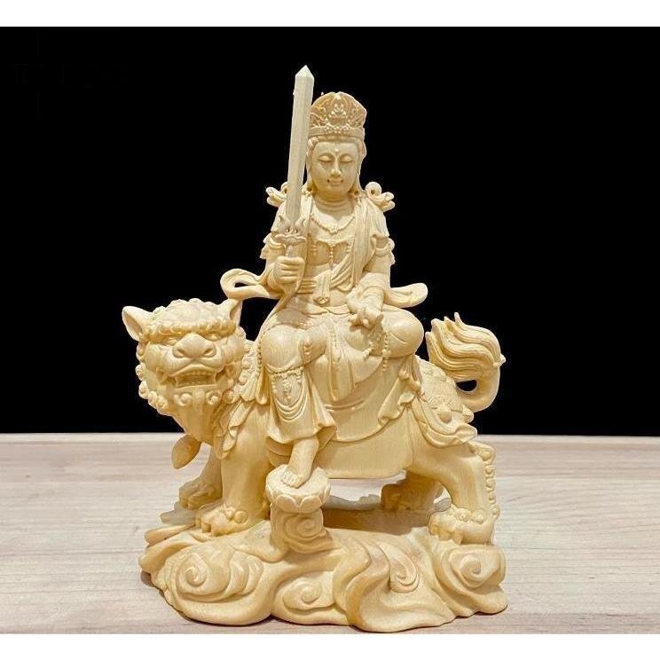 珍品 天然木 木彫仏像 文殊菩薩 普賢菩薩 座像 檜木 一式 彫刻_5