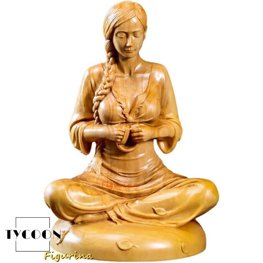 瞑想的な坐像 高級天然ツゲ木彫り女性像 座禅 美術品 木彫り 置物（高