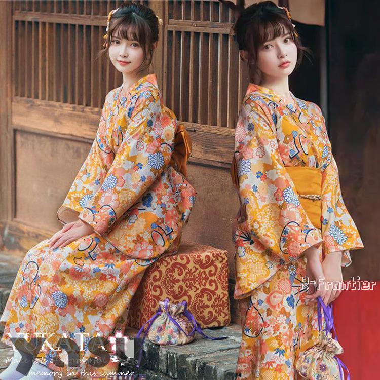 浴衣 ワンピース 可愛い 高校生 レディース ゆかた 女性 花柄 イエロー