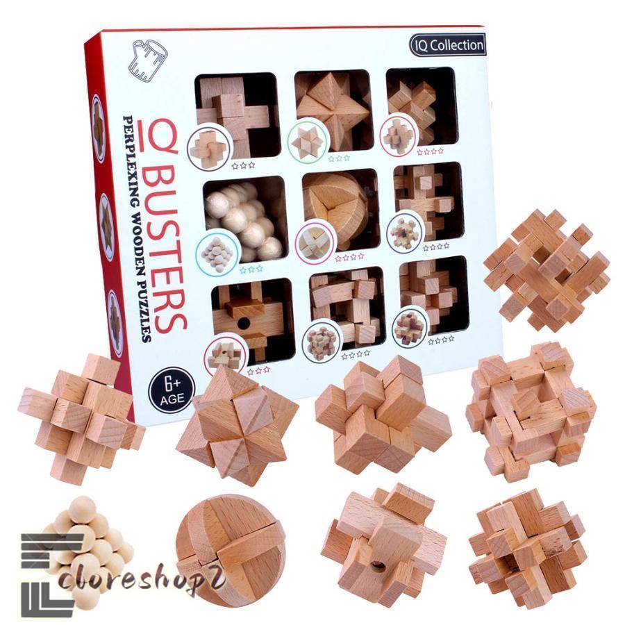 孔明パズル脳トレ 木製パズル 立体パズル 知恵おもちゃ 9pcsセット木製