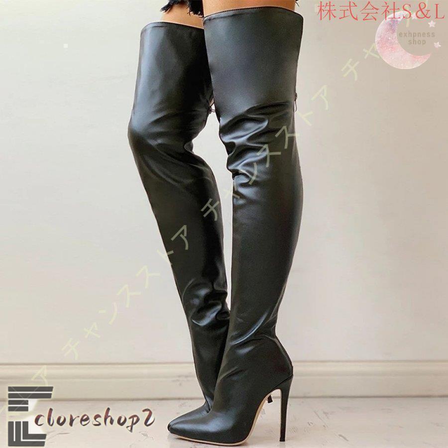 ブラックニーハイブーツ バックジッパー ベルト付き ニーハイブーツ レディース バックジッパー ロングブーツ