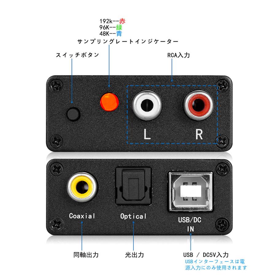 光＆同軸→アナログ(RCA) DAコンバーター アナログ RCA TO デジタル 光/同軸 コンバーター A/D オーディオ