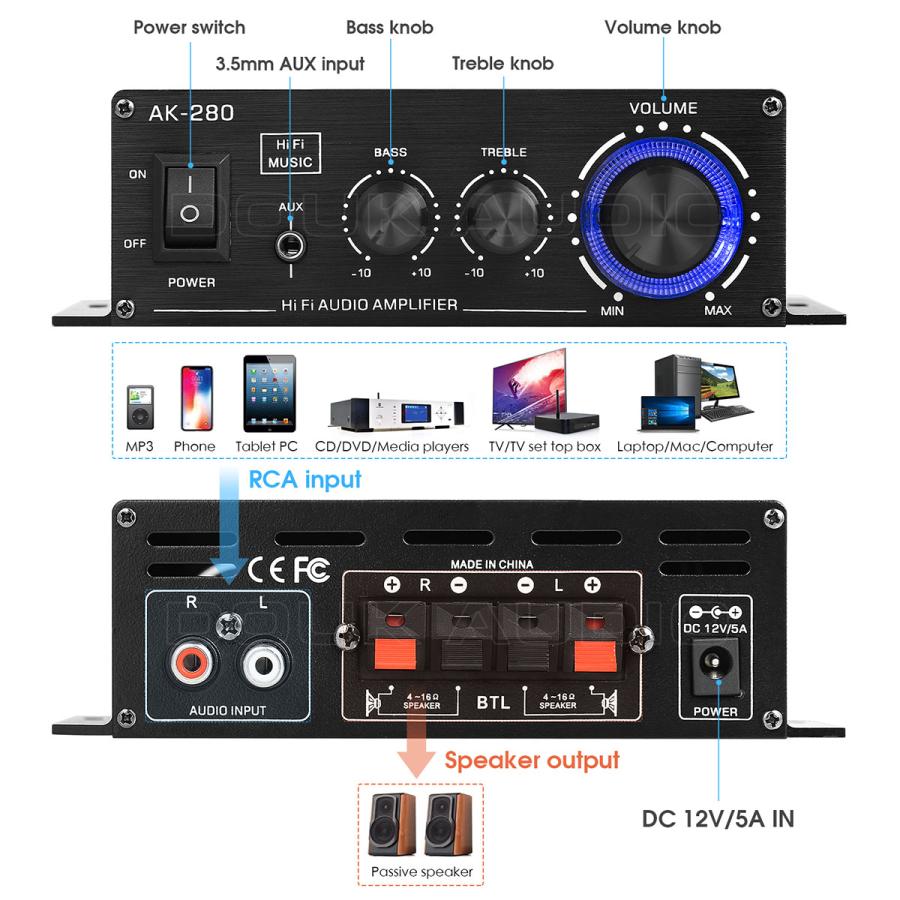 家庭/車用 小型 Mini ステレオ アンプ デジタルパワーアンプ40W×2 高音低音コントロール可能｜tysj-online｜11