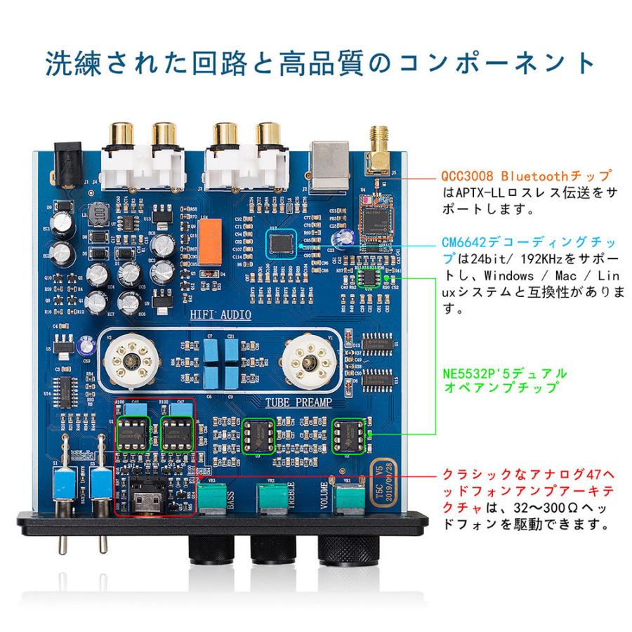 Nobsound TUBE-T5C 6Ж1N HiFi 真空管 プリアンプ Bluetooth 5.0 レシーバー USB DAC ステレオ ヘッドフォンアンプ APTX｜tysj-shop｜07