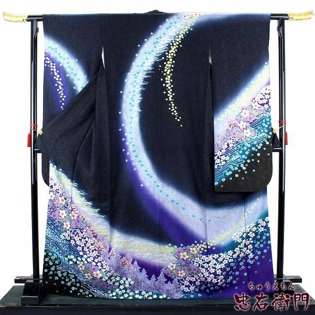 振袖 中古 トールサイズ 正絹 貸衣装 処分 単品 販売 成人式 結婚式 リサイクル 着物 黒 青 辻が花 桜 部分絞り 5010 リサイクル着物 忠右衛門 通販 Yahoo ショッピング