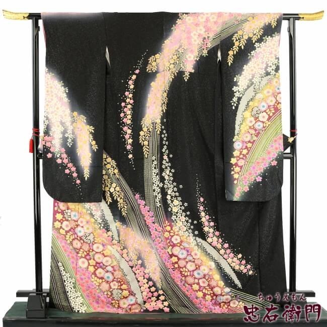 振袖 中古 正絹 貸衣装 処分 単品 販売 成人式 結婚式 リサイクル 着物 黒 辻が花 桜 鹿の子 部分絞り 5010 008 リサイクル着物 忠右衛門 通販 Yahoo ショッピング