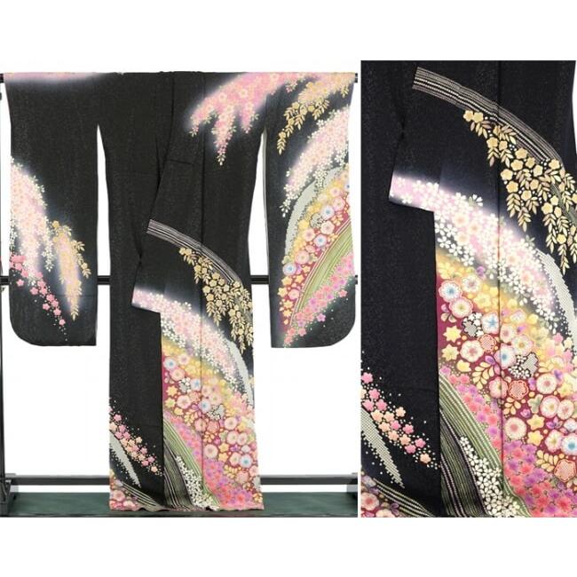 振袖 中古 正絹 貸衣装 処分 単品 販売 成人式 結婚式 リサイクル 着物 黒 辻が花 桜 鹿の子 部分絞り_1