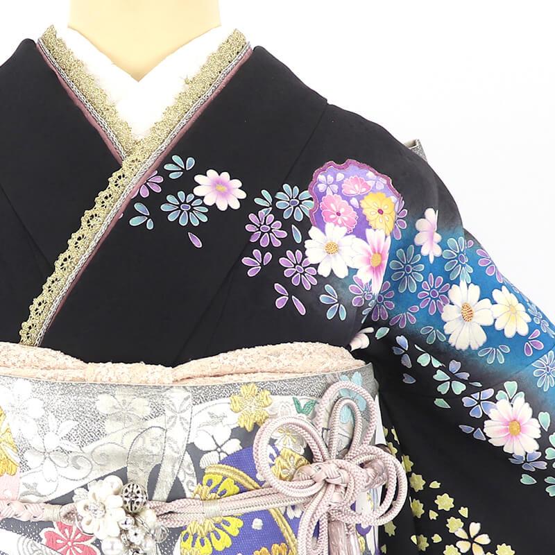中古 振袖 正絹 美品 成人式 結婚式 購入 振袖単品 黒 青 雪輪 花柄 