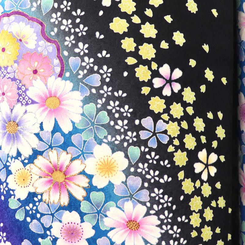 中古 振袖 正絹 美品 成人式 結婚式 購入 振袖単品 黒 青 雪輪 花柄 