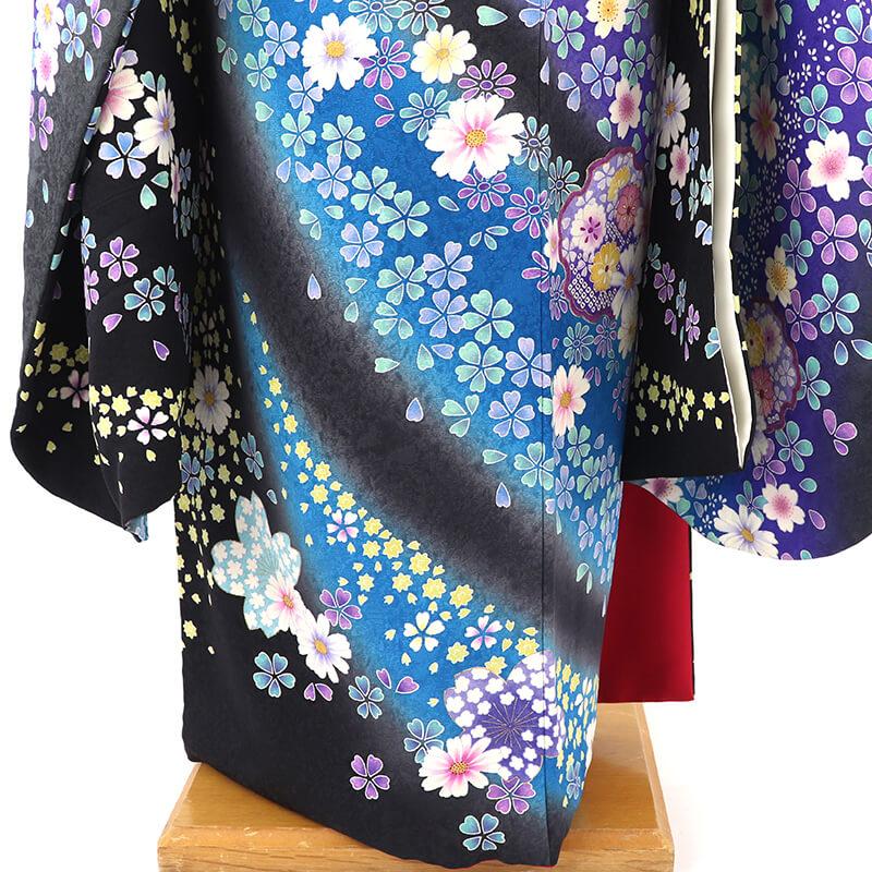 中古 振袖 正絹 美品 成人式 結婚式 購入 振袖単品 黒 青 雪輪 花柄 
