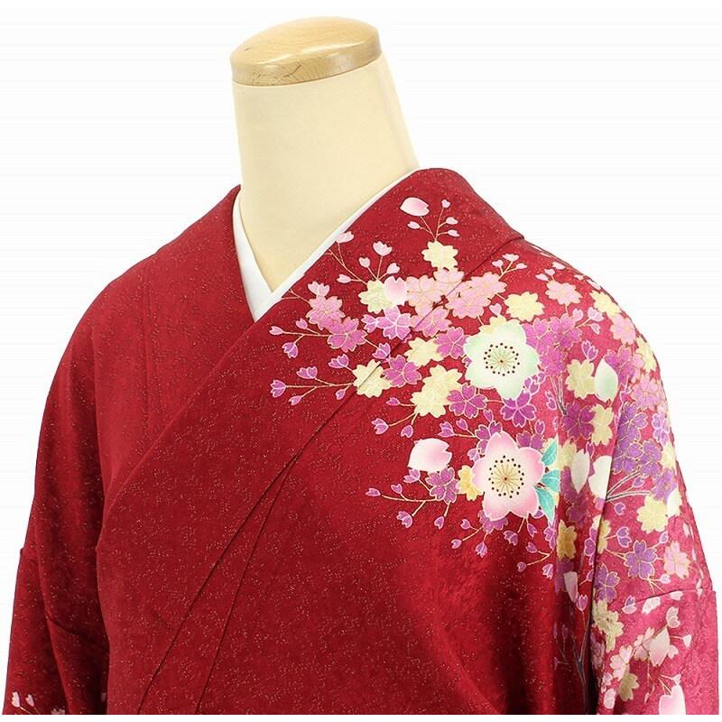 中古 【販売】 振袖 リサイクル 成人式 正絹 レッド 花柄 桜 仕立て 
