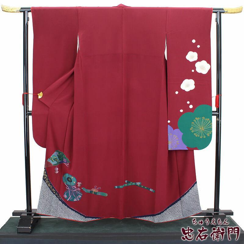 セール 20%OFF 中古 販売　振袖 長襦袢付き リサイクル 成人式 正絹 レッド 扇 桜 振り袖 身丈161cm 裄68cm 送料無料