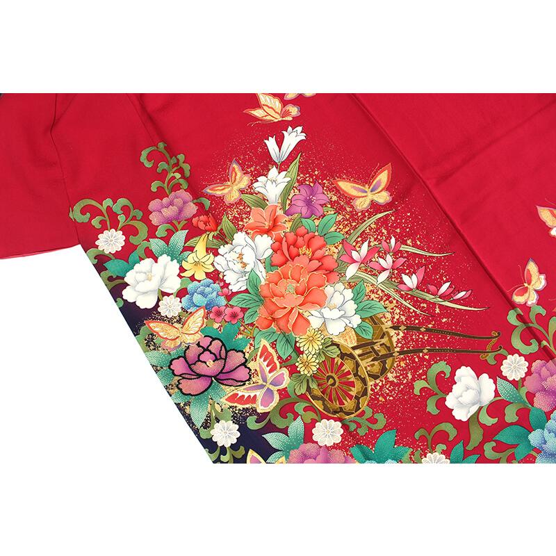 振袖セット 成人式 正絹 裄67.5cm 5点セット 赤 黒S-169