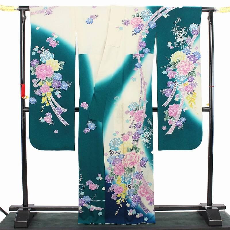 リサイクル着物 リサイクル 振袖 成人式 販売 単品 正絹 青緑 白 リボン 薔薇 刺繍 身丈170cm 裄丈68cm 中古_1