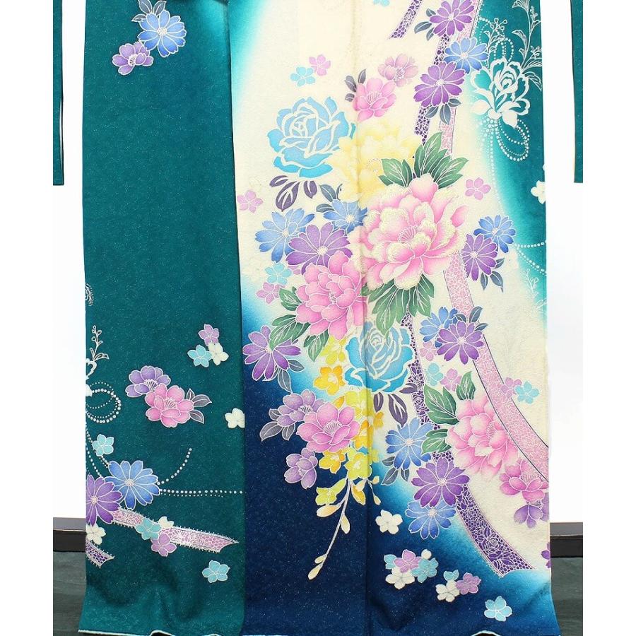 リサイクル着物 リサイクル 振袖 成人式 販売 単品 正絹 青緑 白 リボン 薔薇 刺繍 身丈170cm 裄丈68cm 中古_2