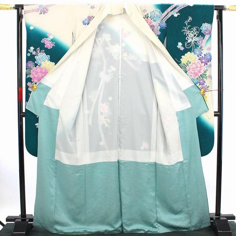 リサイクル着物 リサイクル 振袖 成人式 販売 単品 正絹 青緑 白 リボン 薔薇 刺繍 身丈170cm 裄丈68cm 中古_4