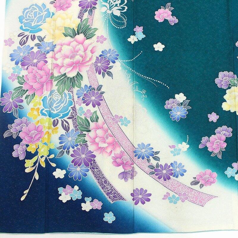 リサイクル着物 リサイクル 振袖 成人式 販売 単品 正絹 青緑 白 リボン 薔薇 刺繍 身丈170cm 裄丈68cm 中古_5