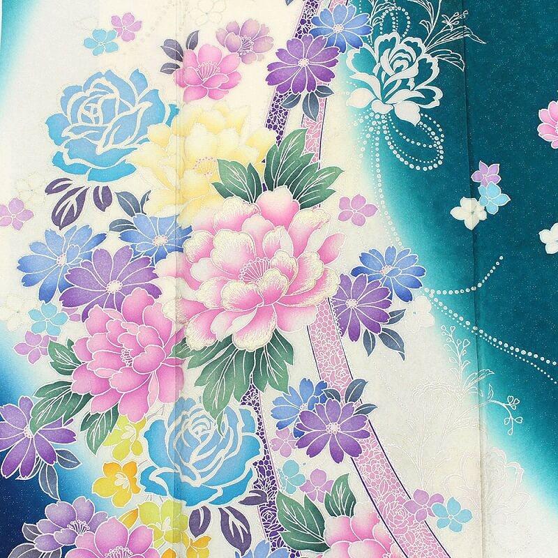 リサイクル着物 リサイクル 振袖 成人式 販売 単品 正絹 青緑 白 リボン 薔薇 刺繍 身丈170cm 裄丈68cm 中古_6